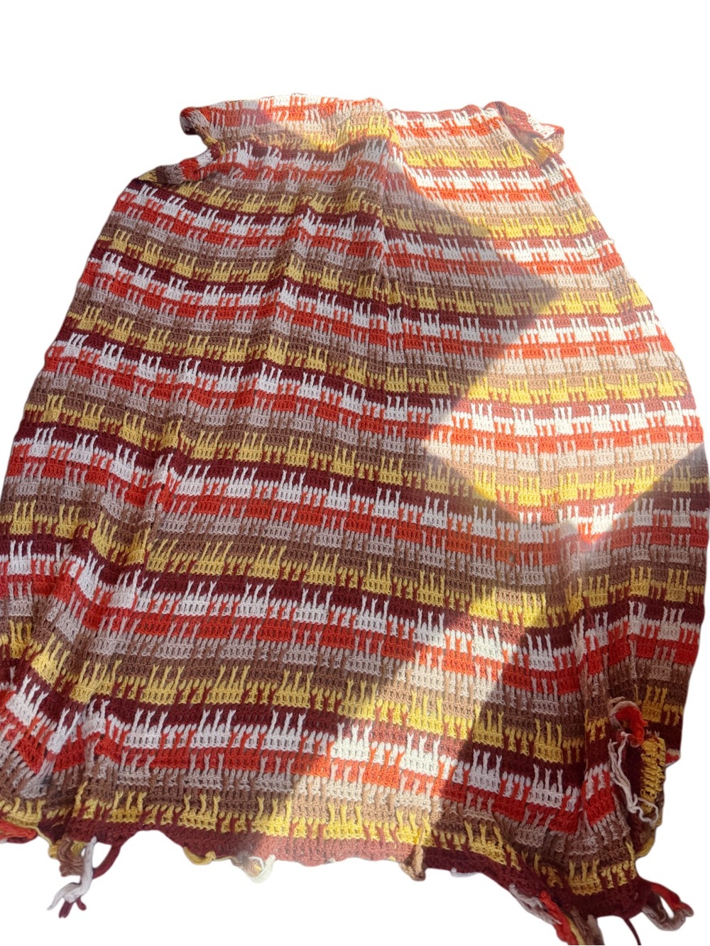 Vintage afghan Handwoven Multicolor Knit blanket  - Brown/Red/Yellow/White 54x72